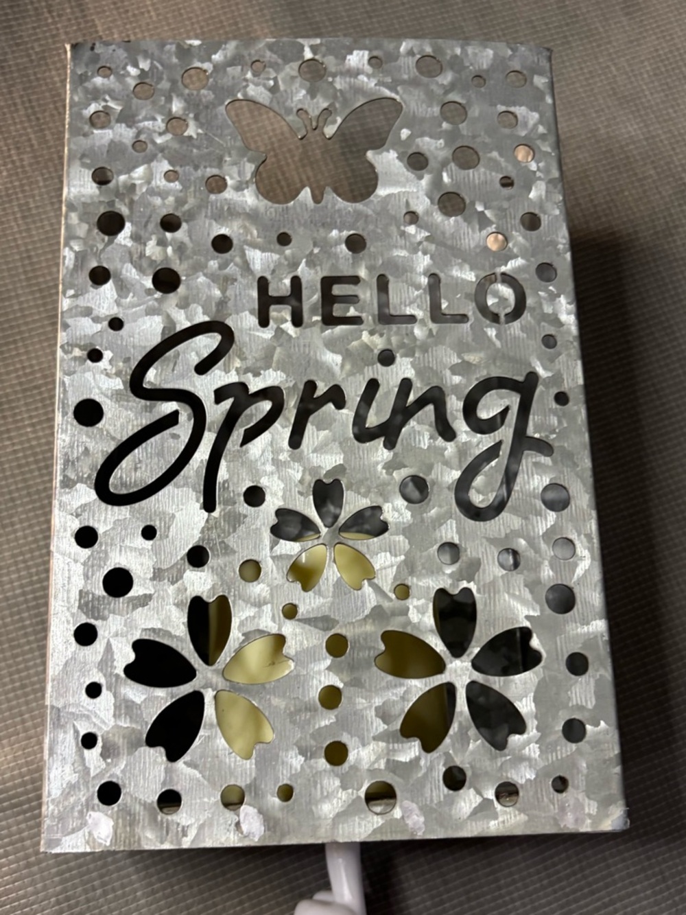 Hello Spring Metal decoration with artificial candle, With butterfly/flower